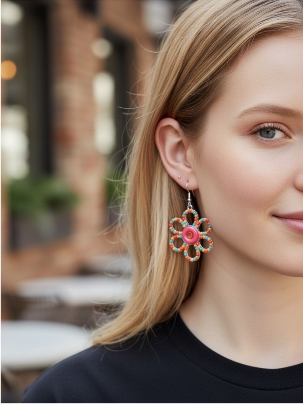 Handmade Pink Multicolor Bead Flower Drop Earrings